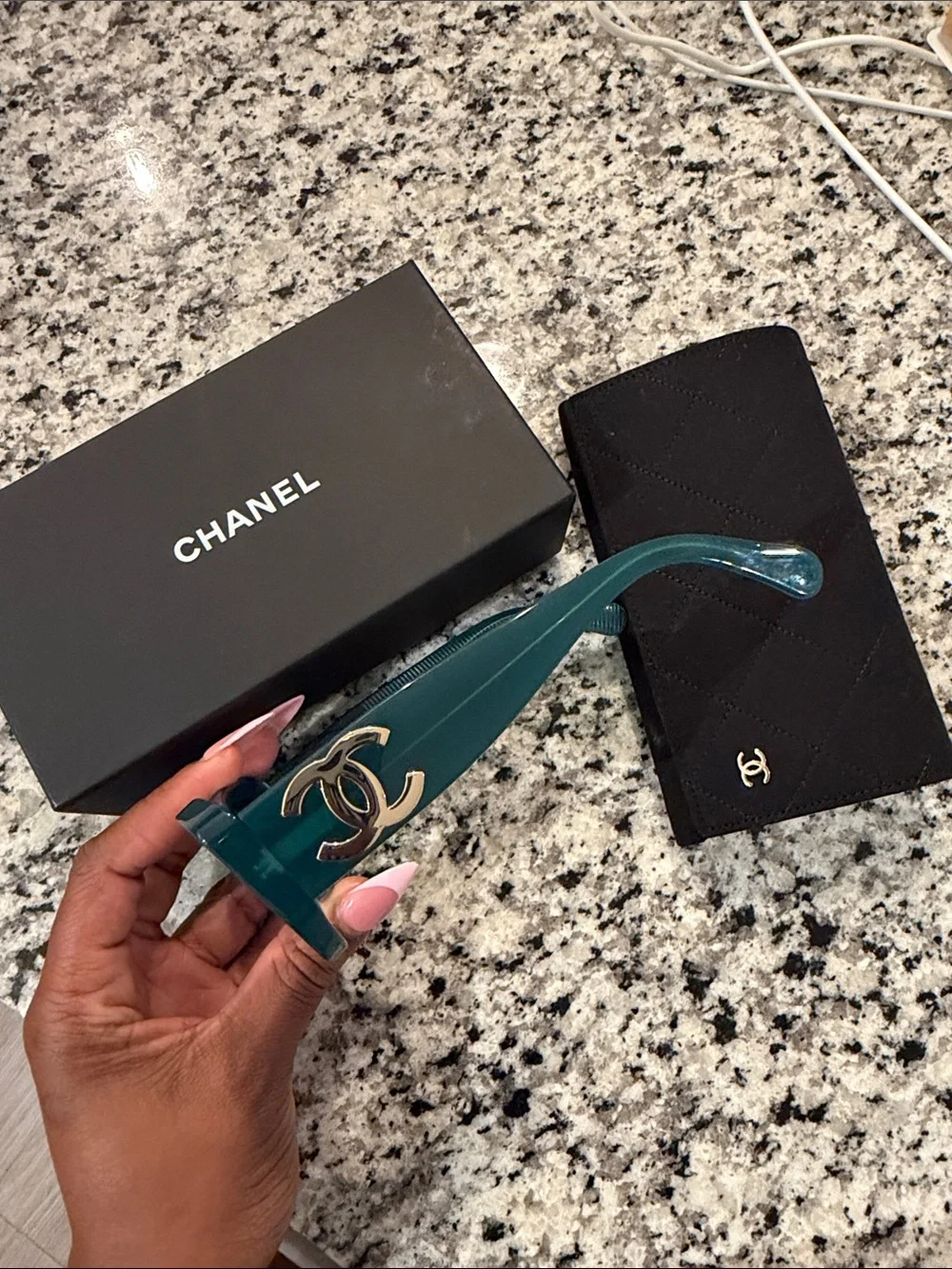 CHANEL Teal Rectangular Sunglasses